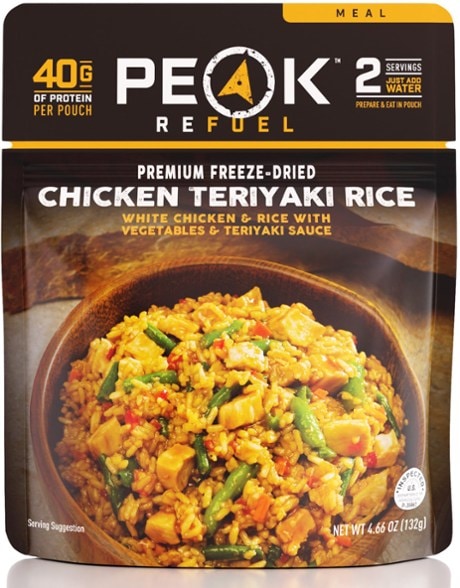 Close-up of chicken teriyaki freeze-dried meal ready to eat, showcasing high-protein backpacking food