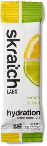 Skratch Labs hydration mix packet next to a water bottle after a workout.
