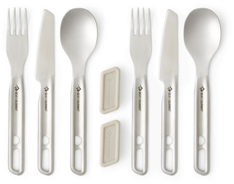 TrailMate camping cutlery set for two with stainless steel knives, forks, and spoons neatly nested together