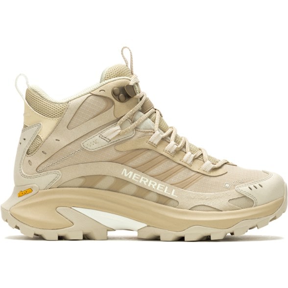 Side view of Merrell Moab Speed 2 Mid GORE-TEX Hiking Boots for Women on rocky terrain.
