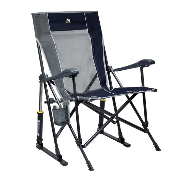 Front angle of GCI RoadFlex folding camping chair showing mesh back and cup holder