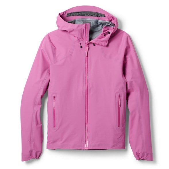 Front view of the eco-friendly women's packable shell jacket in action during a hike.