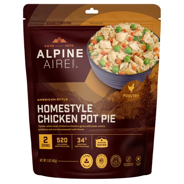 Close-up of Adventure-Ready Chicken Pot Pie, showcasing ingredients and packaging.