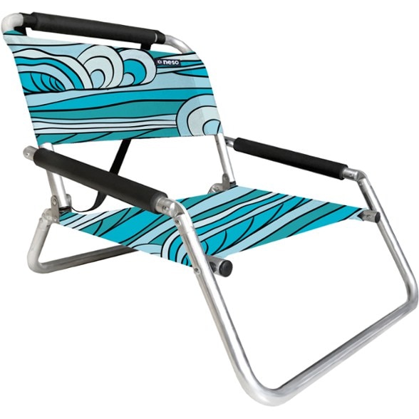 Side view of folding beach chair for sand and camping showing padded frame and armrests