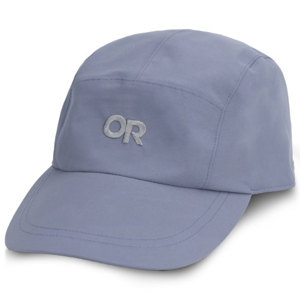 Front view of waterproof cap with wide brim designed for hiking in heavy rain.
