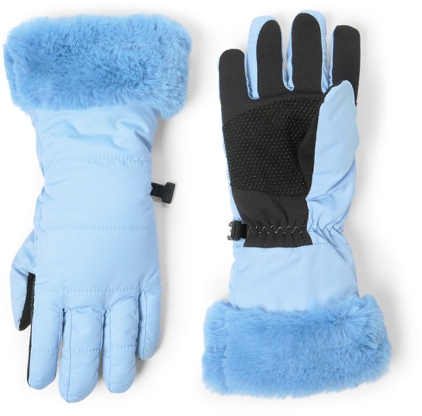 Front view of kids gloves showing full coverage and fleece lining