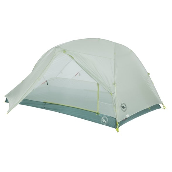 Side view of HyperLite TrailNest 2 set up in alpine terrain, showcasing vestibule and dual-door design