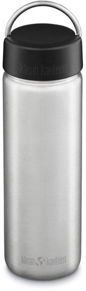 Side angle of TrailLoop™ 27oz stainless steel bottle with loop cap on rocky terrain