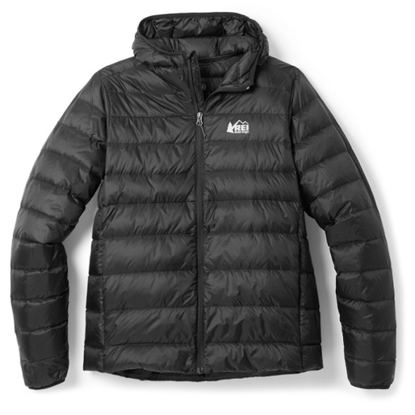 Front view of REI Co-op EcoShield 650 down hoodie for men, showcasing windproof and insulated design