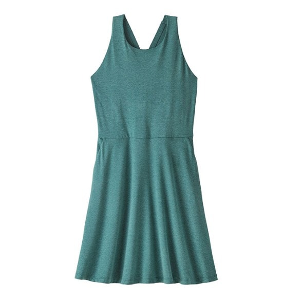 Front view of the eco-friendly racerback dress showcasing its stylish design and pockets.