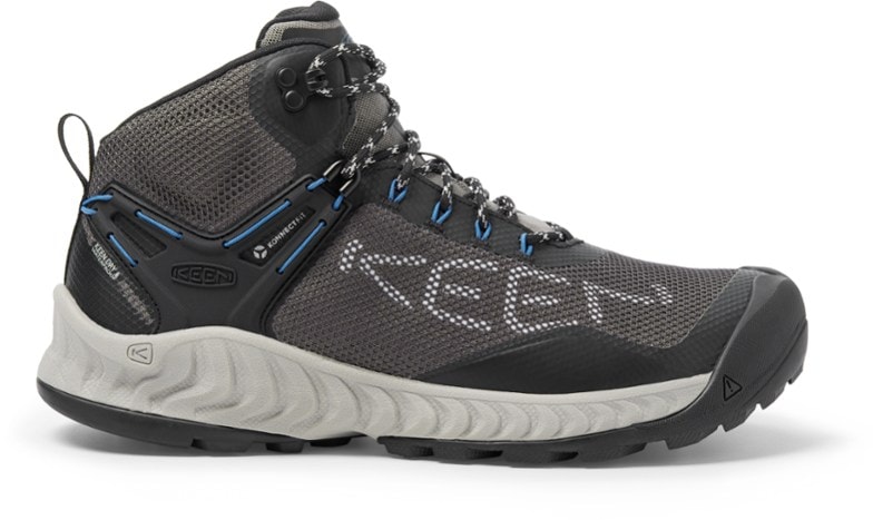 Close-up of KEEN NXIS EVO Mid Waterproof Hiking Boots showing durable mesh upper and laces.