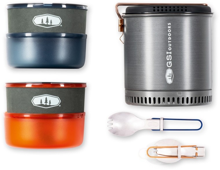 TrailMaster Duo backpacking cookset top view showing insulated mugs and foldable sporks