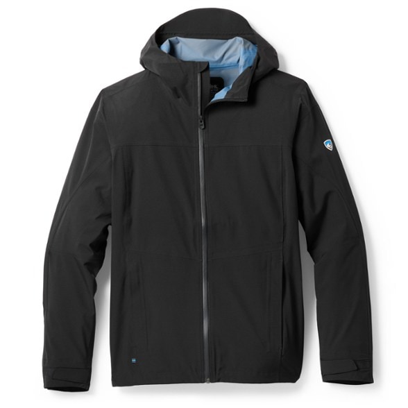 Front view of men's waterproof jacket showing adjustable hood and water-resistant zipper