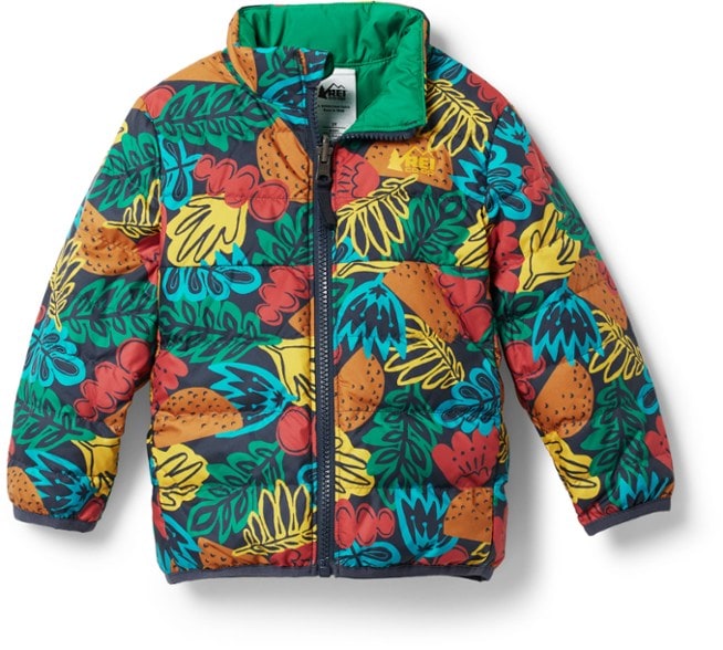 Front view of reversible kids jacket showcasing lightweight 650 fill down insulation and water resistant toddler coat features