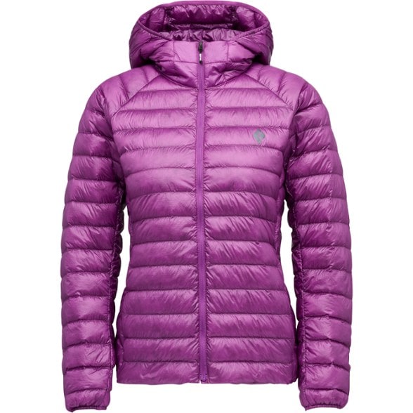Front view of Black Diamond AlpineLite packable jacket showing insulated women's jacket with hood in vibrant blue