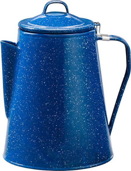 Alpine Mountain Gear 8-cup enamel percolator in blue, perfect for camping trips.