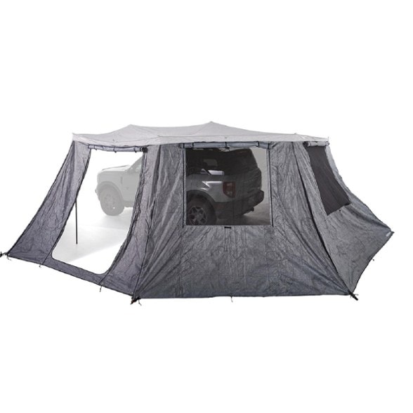 Yakima OverNOut 270 XL Right-Hand Wall Kit shown in a campsite setting, providing privacy and weather protection.