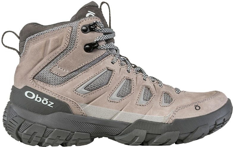 Side view of Oboz Women's Sawtooth X Mid Hiking Boots showcasing the durable oiled nubuck leather and CORDURA fabric.