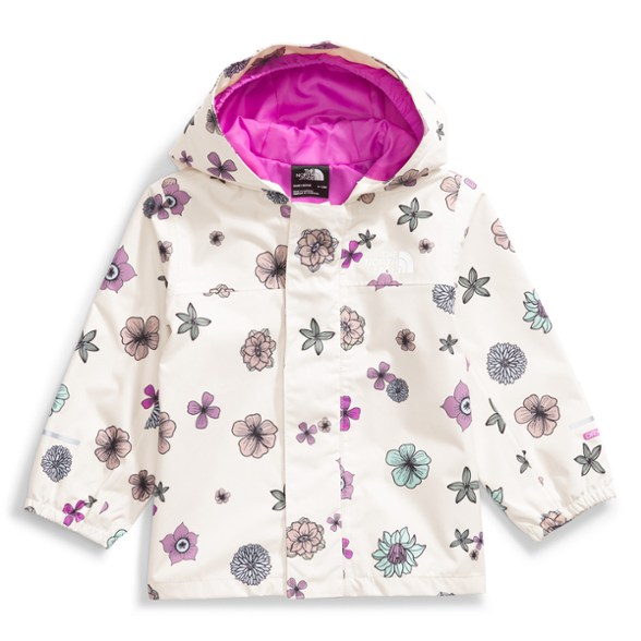 Front view of infant waterproof jacket with hood up, ideal for rainy playground outings