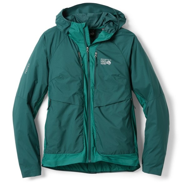 Side view of the AirShell Women's Packable Hybrid Jacket showcasing its fit and design.