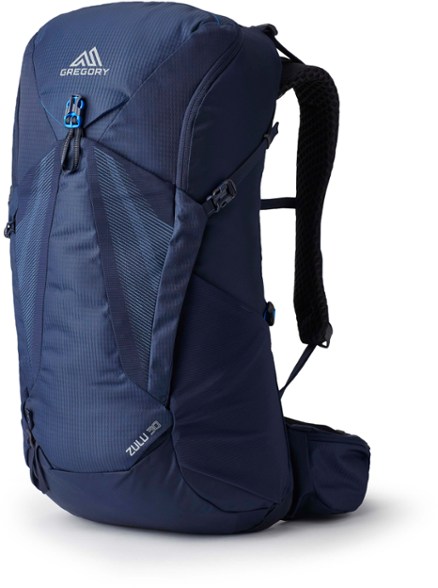 Front view of the Gregory Zulu 30 Men's Lightweight Hiking Backpack highlighting the adjustable torso and hipbelt.