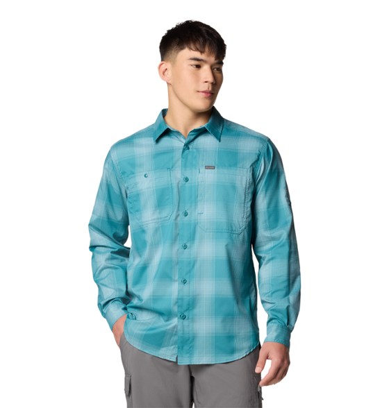Eco-friendly plaid long-sleeve hiking shirt for men, showcasing its lightweight fabric and sun protection features.