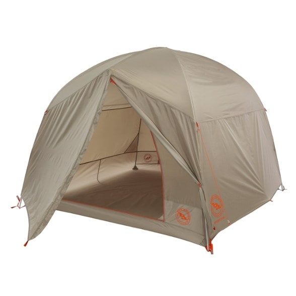 Big Agnes Spicer Peak 4 tent with two doors, set up in a forest campsite, ideal for car camping.