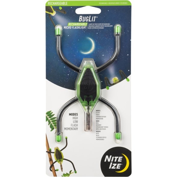 Nite Ize BugLit flashlight showing its flexible legs and compact design in a camping setup.