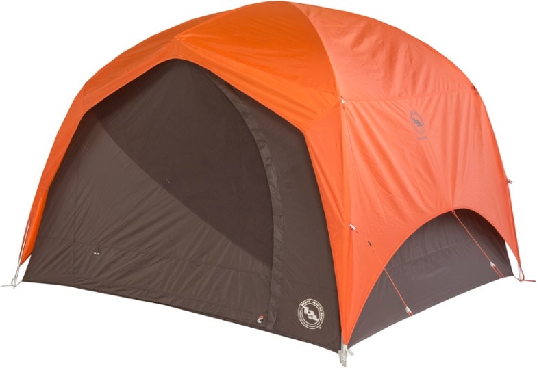 Front angle of Big House 4-person family tent pitched on forest ground showcasing waterproof rainfly and dual doors