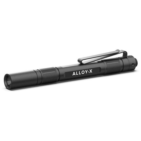 Alloy-X tactical LED flashlight angled view showing durable aluminum body and textured grip