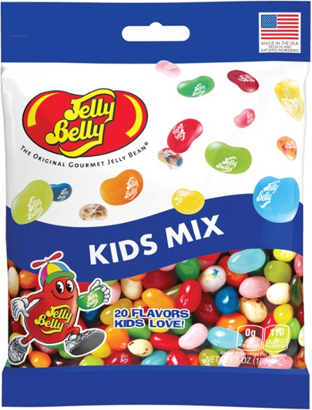 Close-up of Jelly Belly Kids Mix jelly beans in vibrant colors, highlighting popular candy flavors for children