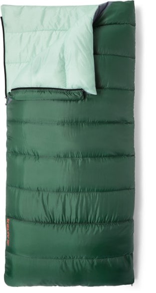 Kelty CloudLoft 30 sleeping bag in a vibrant color, laid out on a camping mat under the stars.