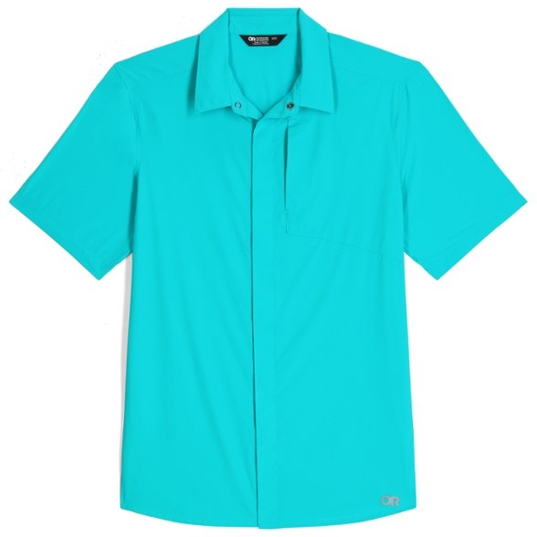 Front view of the men's hiking shirt showing breathable fabric and zip pocket.