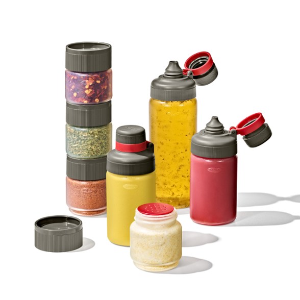 Adventure-ready spice shaker set stacked for camping use.