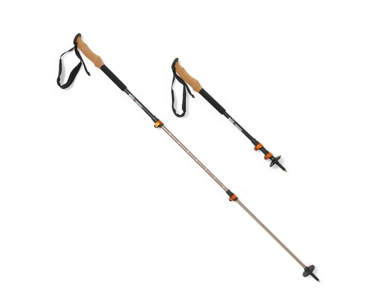 Side view of Traverse Pro trekking poles with cork grips and snow baskets on a snowy trail