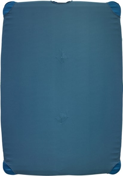 Top-down view of LuxeCamp Duo Sheet covering two rectangular sleeping pads inside a tent