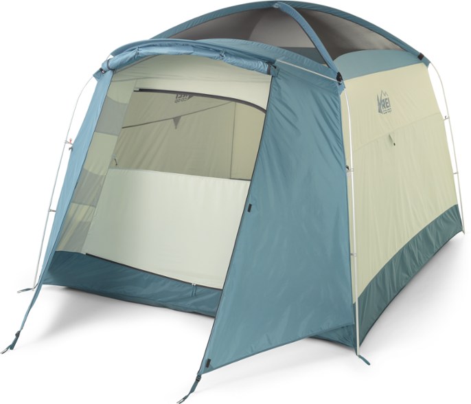 Front view of Skyward Horizon 6-person family tent with large D-shaped door and awning