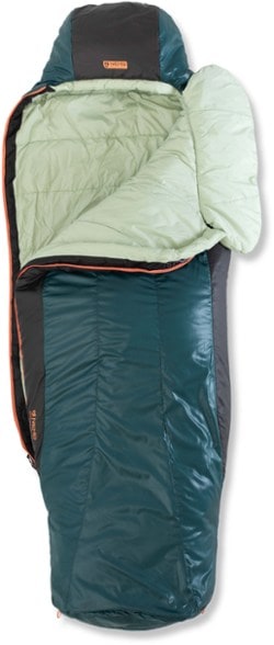 NEMO Tempo 20 women's synthetic sleeping bag side view in a campsite setting.