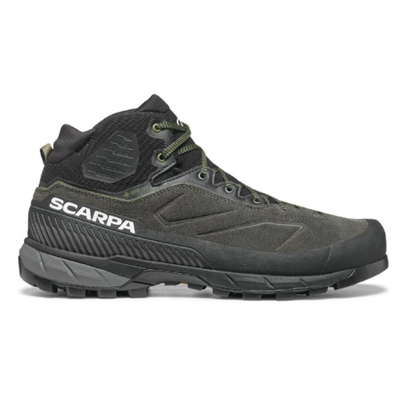 Side view of men's hiking boots with suede upper and full-perimeter rand for protection.