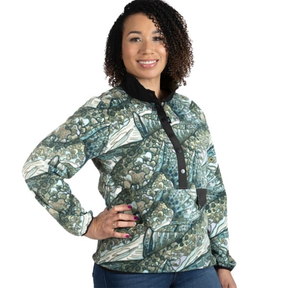 Front view of Adventure-Ready Women's Cozy Fleece Pullover showcasing the snap placket and pocket.