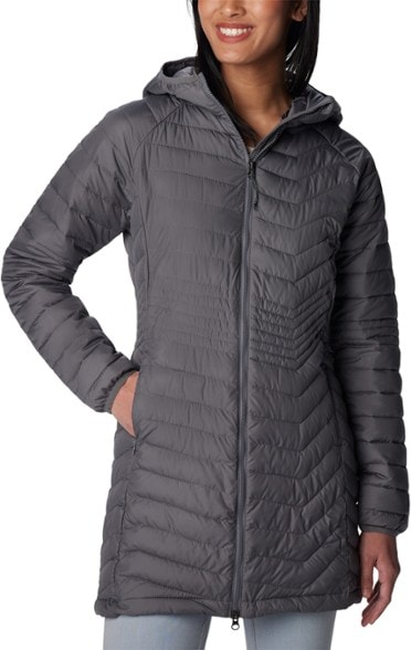 Columbia Women's Powder Lite Insulated Parka, front view, hiking in snow.