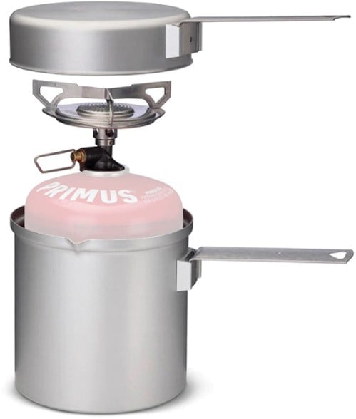 Ultimate backpacking cook kit with stove and pot in outdoor setting
