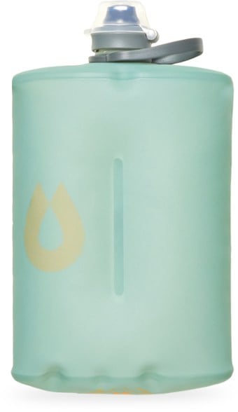 HydraPak FlexStow 32oz collapsible water bottle shown fully expanded, highlighting its flexible design and spillproof nozzle
