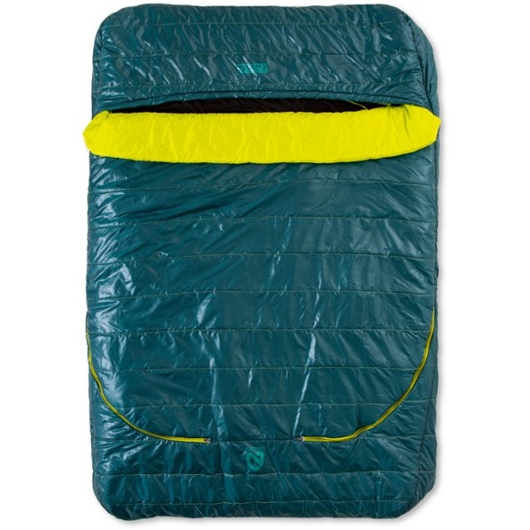 Front angle of NEMO Jazz 30 double sleeping bag laid out on camp mats, showing quilted featherbed and dual zippers.