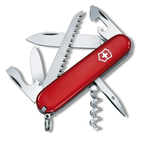 Victorinox camping knife displayed with open blades and tools for camping.