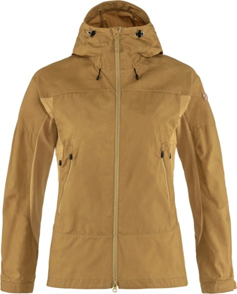 Fjallraven lightweight trekking jacket showcasing adjustable hood and zippers.