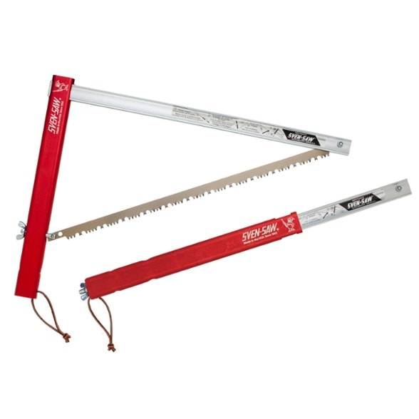 Sven-Saw 21 folding saw in action cutting through a log outdoors.