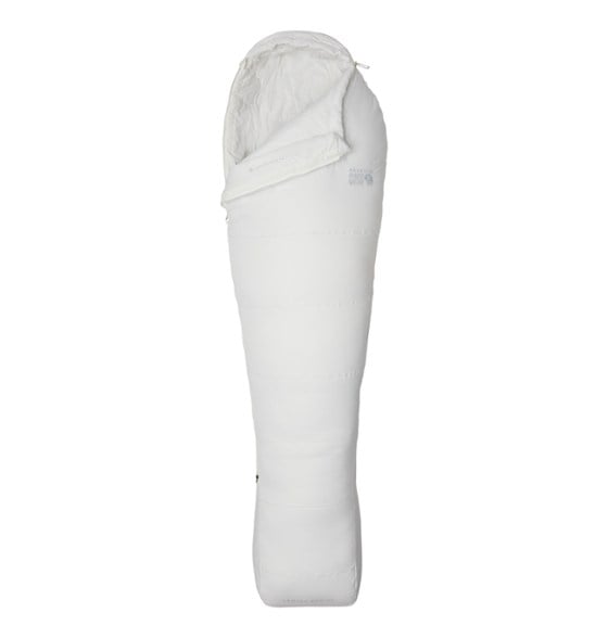 Eco-friendly sleeping bag laid out in a campsite setting, highlighting its mummy shape and soft fabric.
