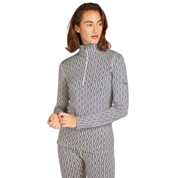 Front view of women's long sleeve top made from merino wool shirt fabric, showing smooth fit and thermal base layer features