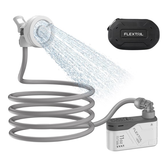 Flextail Max rechargeable portable shower showing compact design and attached hose